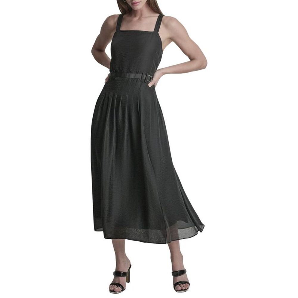 Dkny Womens Belted Gazare Pleated Dress, Navy